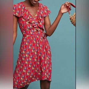 Anthropologie Maeve Rosalia Wrap Dress Faux Wrap Red Floral Dress. Size 4